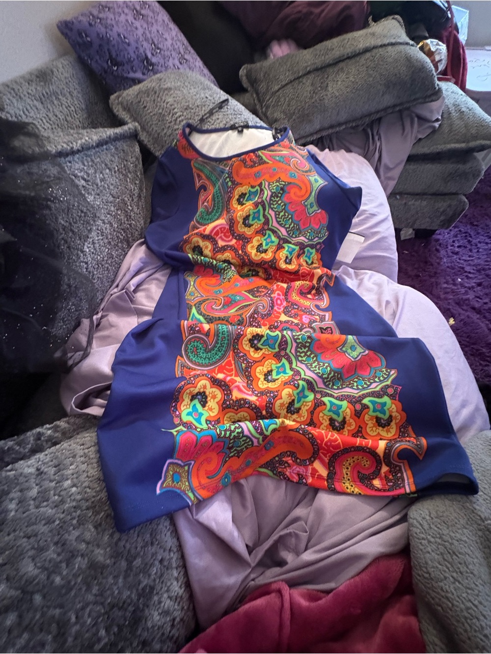 XOXO Navy Blue Mini Dress with Multicolor Paisley Print